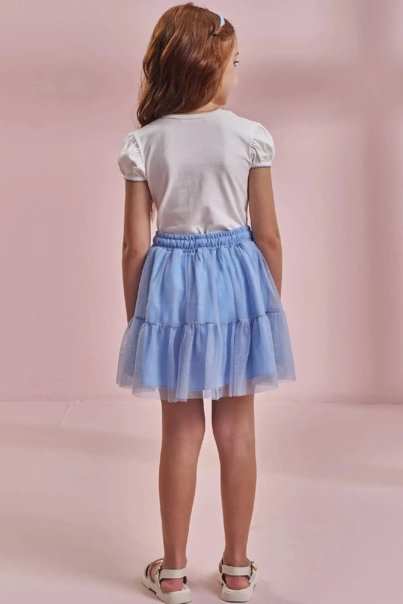 Conjunto Infantil Menina Kukiê com Saia em Tule e Blusa Branca Lacinho Azul