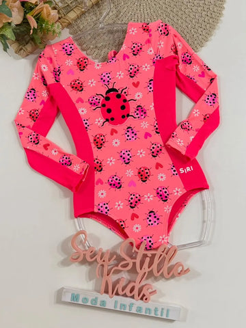 Maiô Infantil Siri Kids Manga Longa Joaninha Rosa Neon 43176