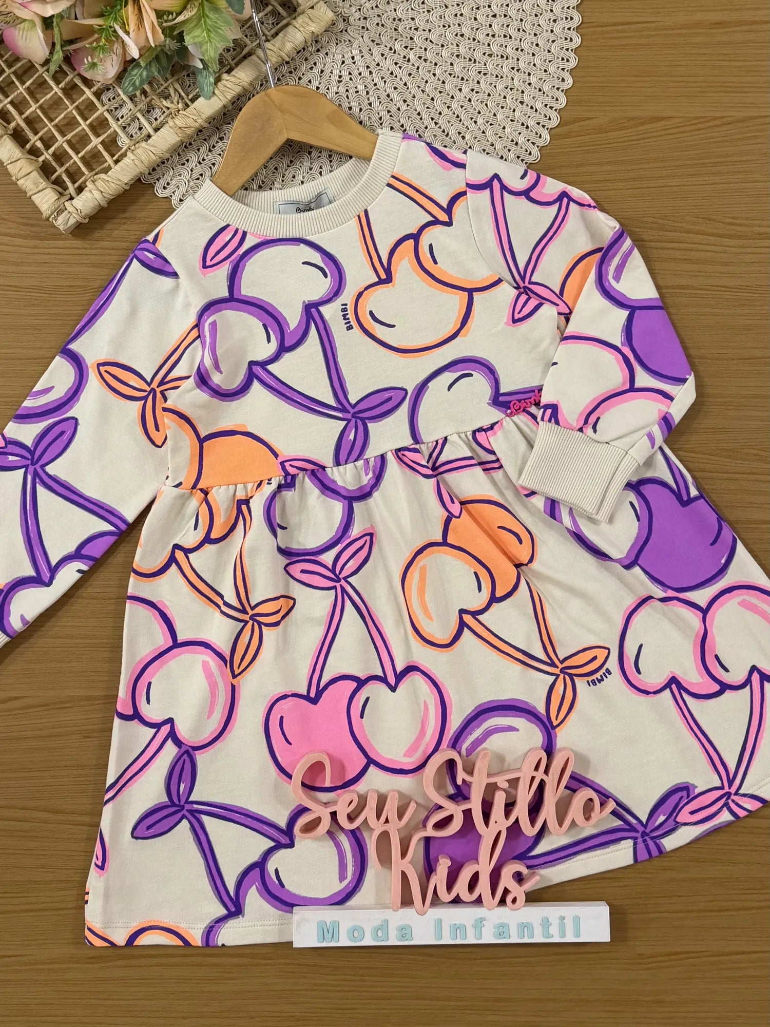 Vestido Infantil Bimbi Inverno Manga Longa Branco Cereja