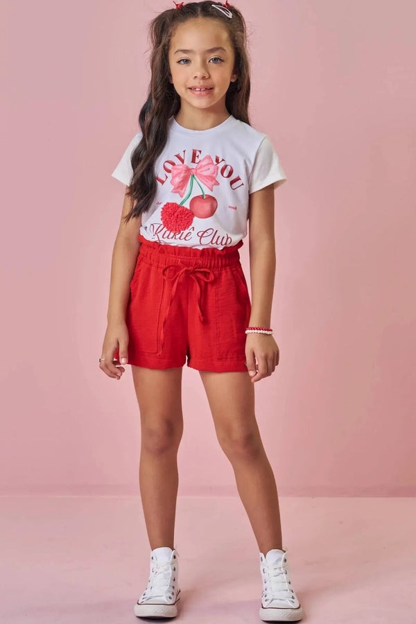 Conjunto Infantil Kukiê Verão com Shorts Vermelho e Blusa Branca Cerejinha Love