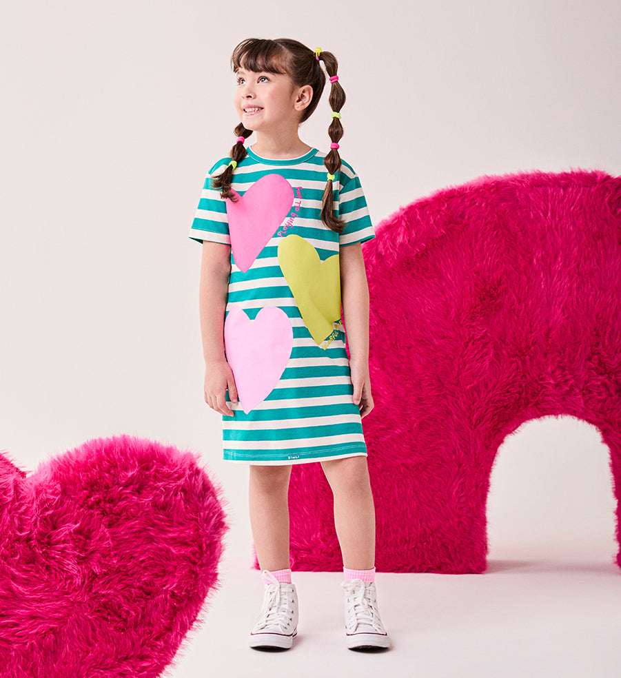 Vestido Infantil Bimbi Inverno Verde Listrado Coração