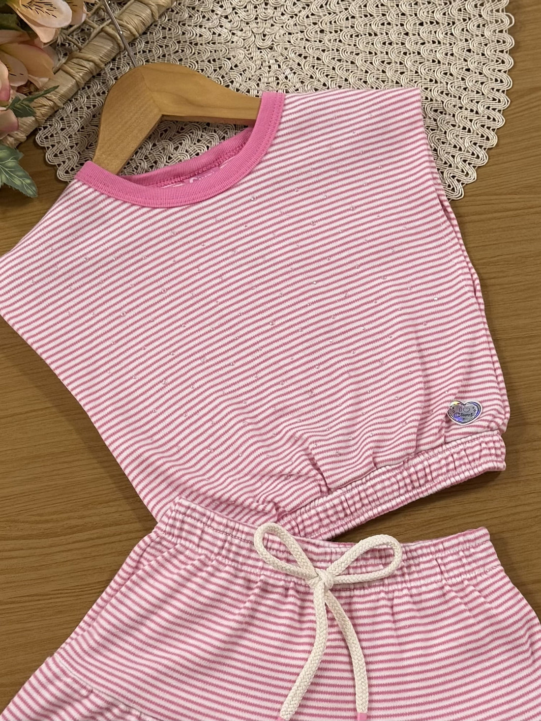 Conjunto Infantil Cinti Verão com Saia e Blusa Rosa Listrada