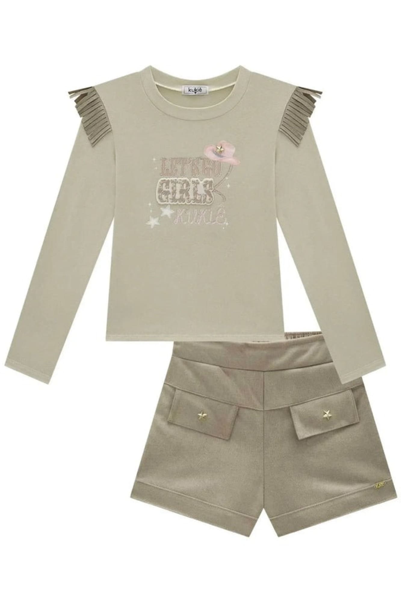 Conjunto Infantil Kukiê Inverno com Shorts e Blusa Manga Longa Bege Cowgirl