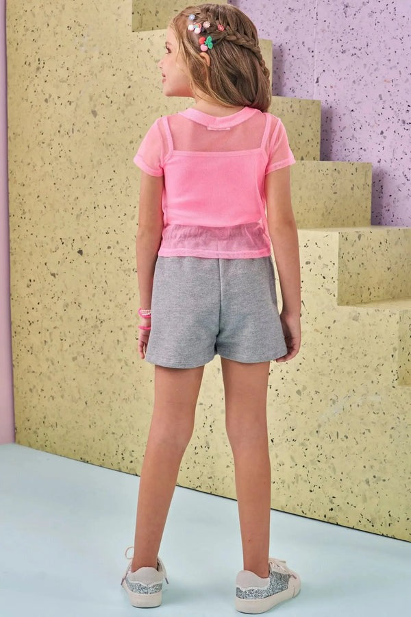Conjunto Infantil Kukiê Verão com Shorts Cinza, Top e Sobreposição Rosa com Strass