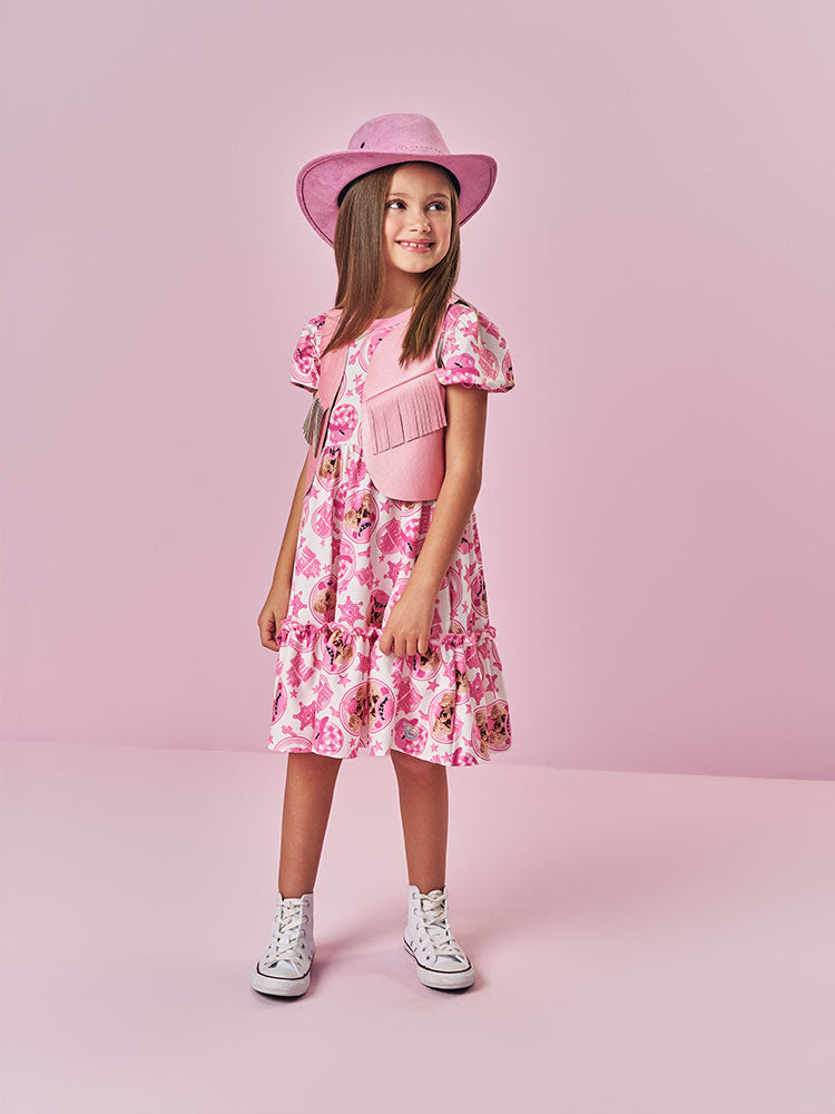 Vestido Infantil Cinti Verão Rosa Cachorrinha Cowboy com Colete