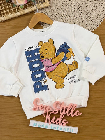 Moletom Infantil Momi Inverno Flanelado Branco Ursinho Pooh com Strass