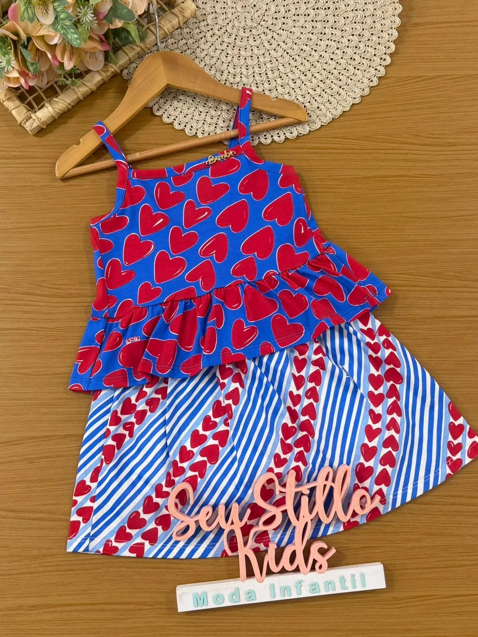 Conjunto Infantil Menina Bimbi Saia e Regata Azul Corações