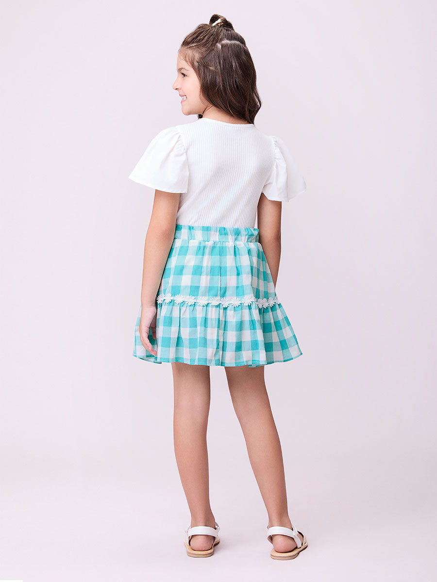 Conjunto Infantil Momi Verão Saia Xadrez e Blusa Branca