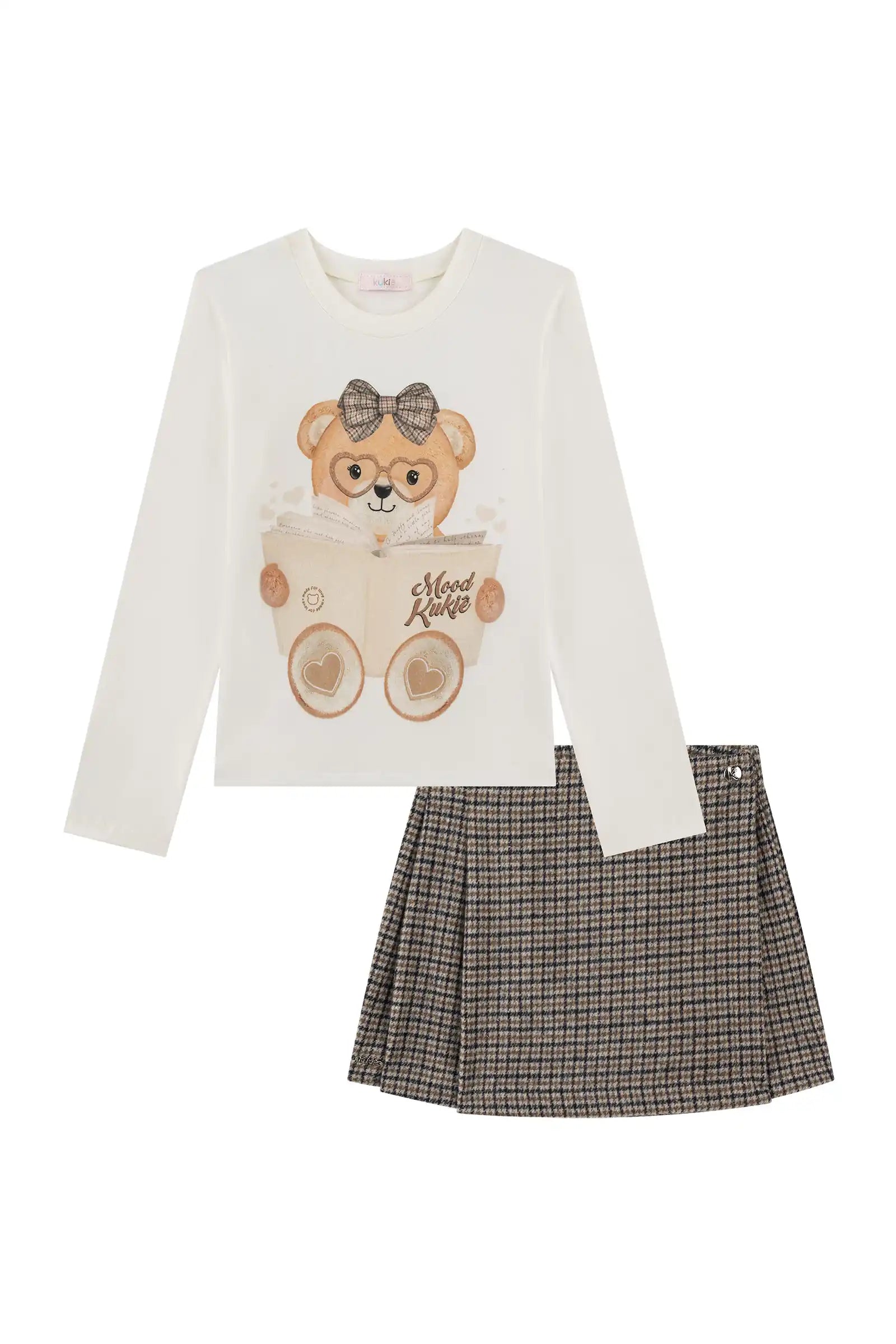 Conjunto Infantil Kukiê Inverno com Shorts Saia Xadrez e Blusa Manga Longa Ursinha Livrinho