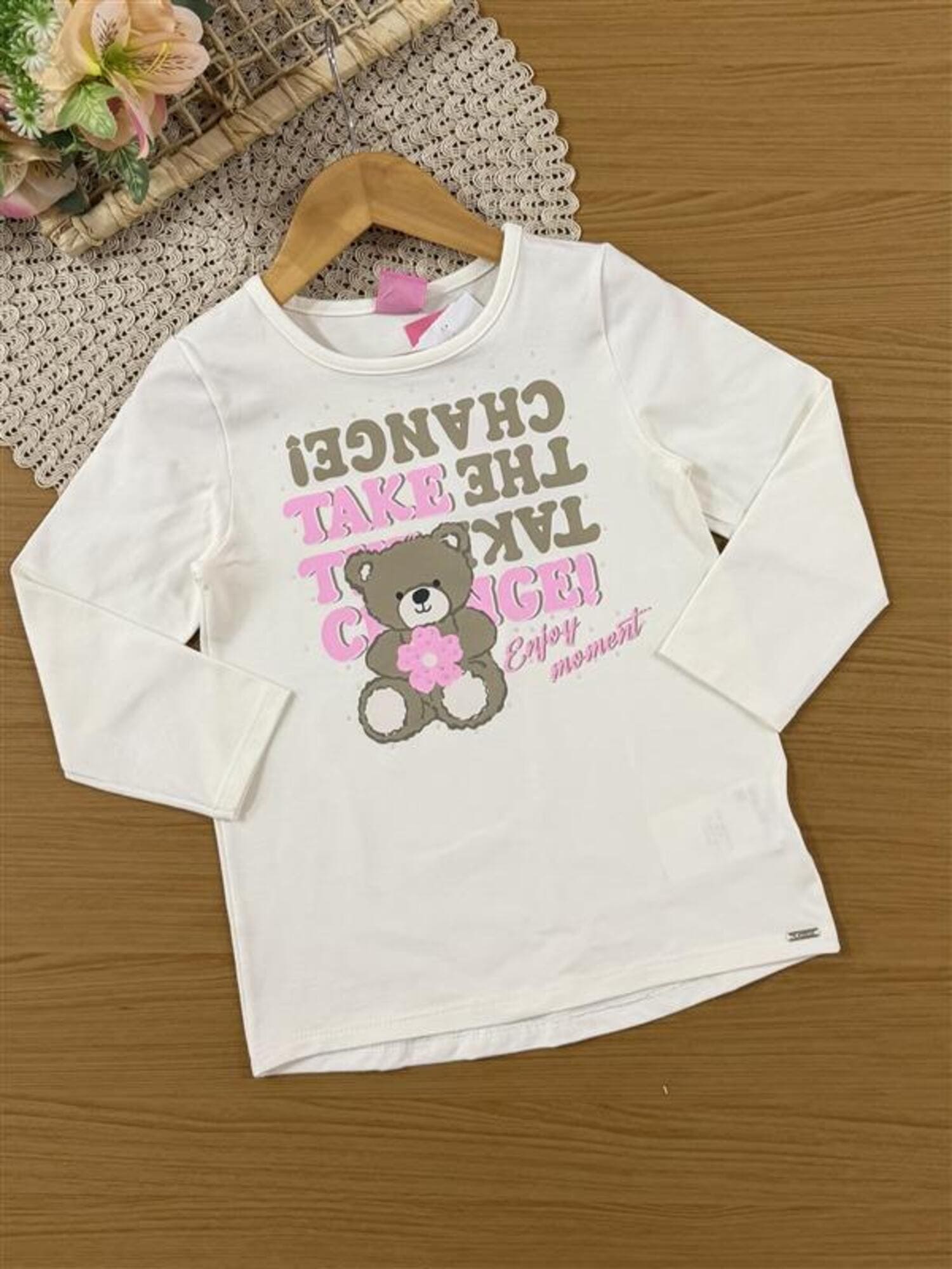 Conjunto Infantil Cinti Inverno com Calça Legging Bege e Blusa Manga Longa Ursinha