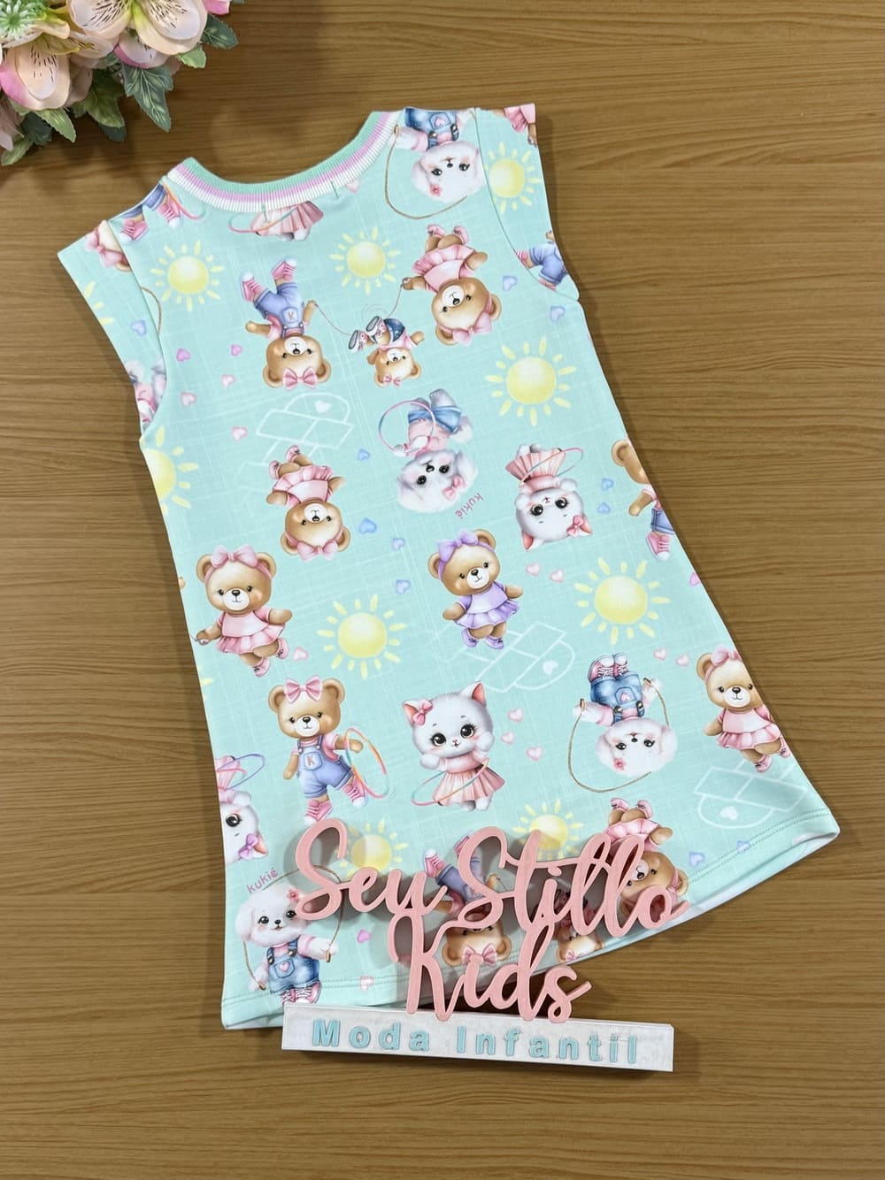 Vestido Infantil Kukie Verão Verde Ursinha