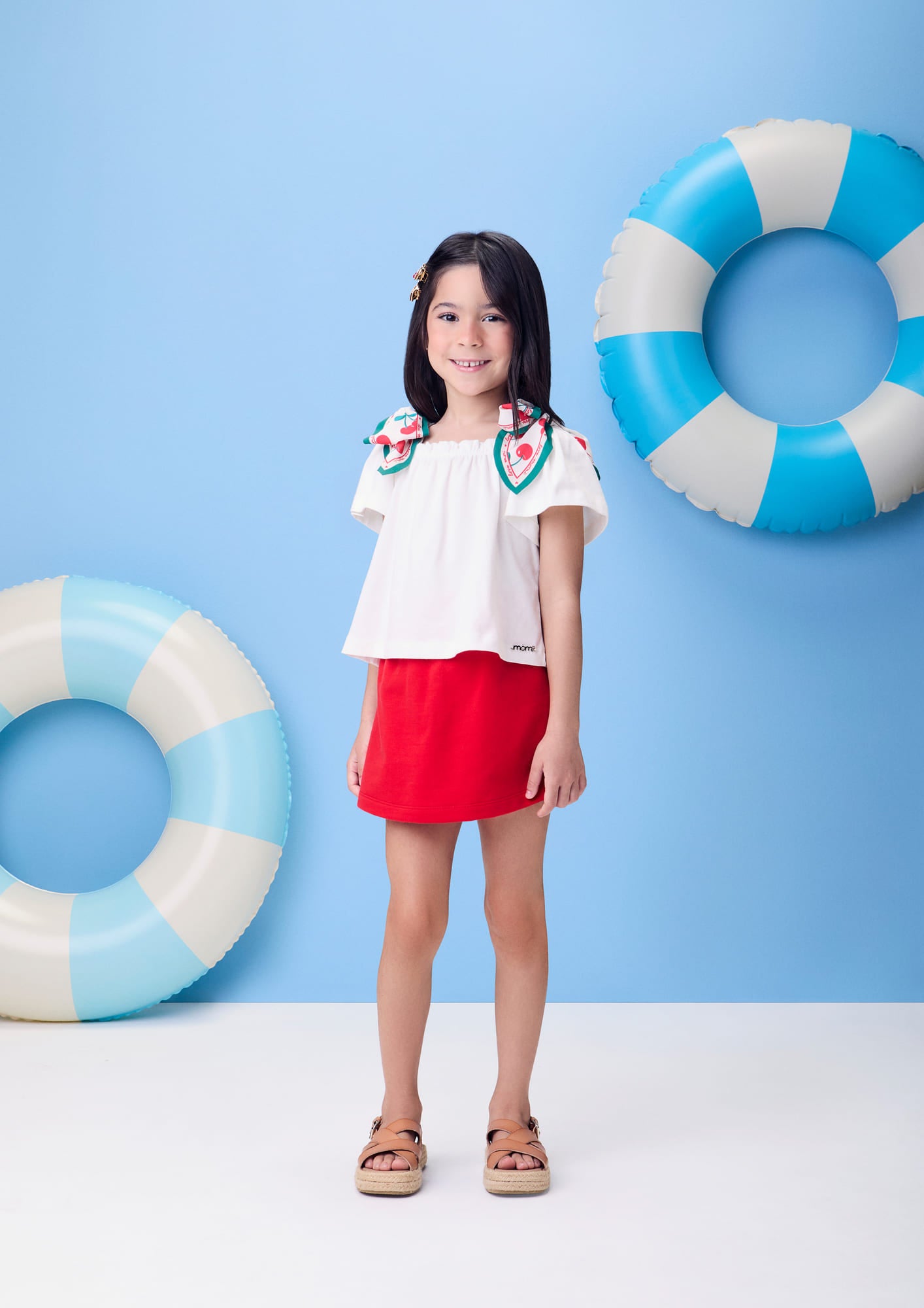 Conjunto Infantil Momi Verão com Shorts-Saia Vermelho e Blusa com Lacinho
