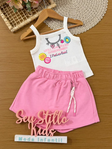 Conjunto Infantil Menina Momi com Short-Saia Rosa e Blusa Branca Chaveirinho