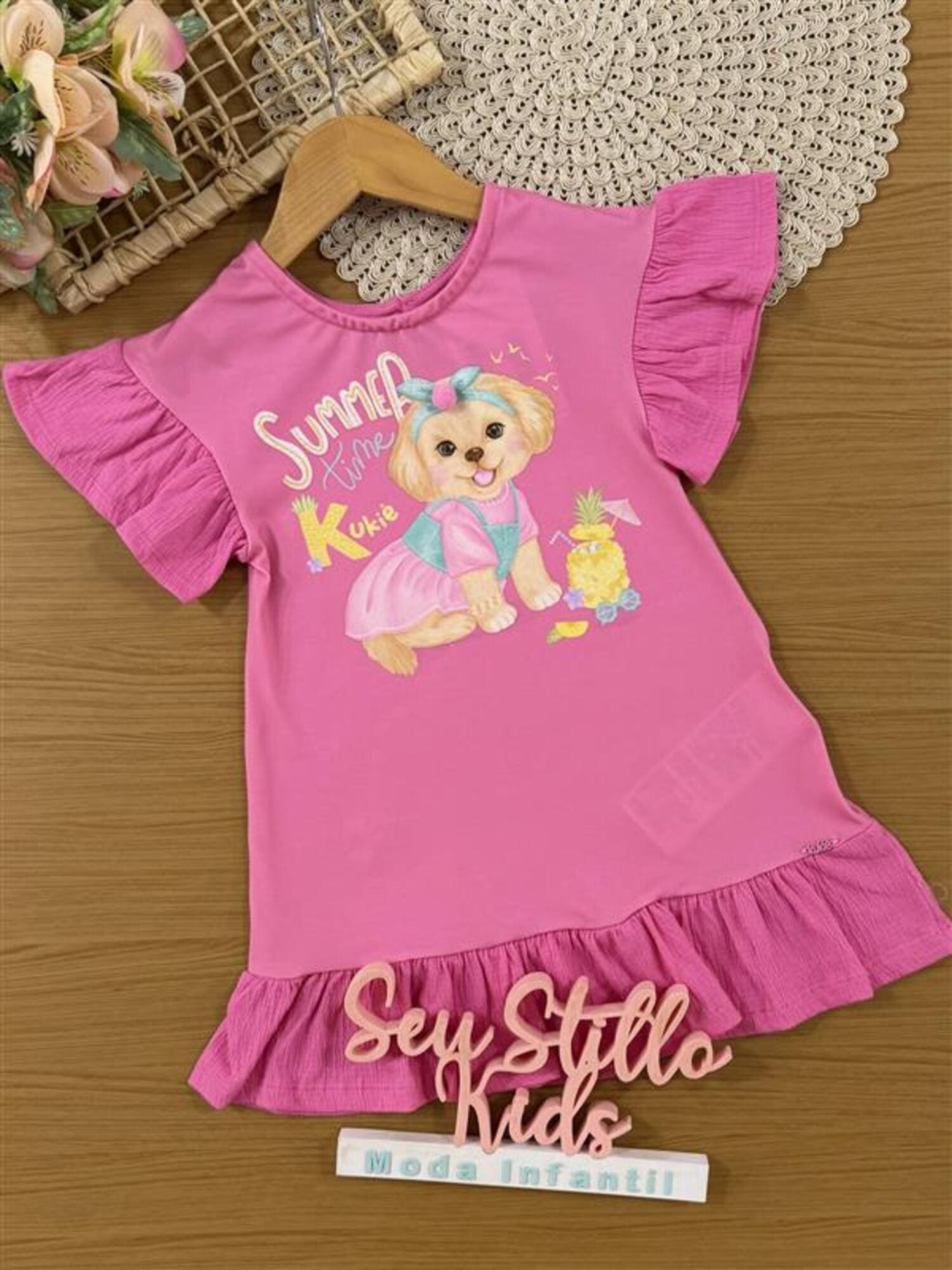 Vestido Infantil Kukiê Verão Rosa Cachorrinha Summer