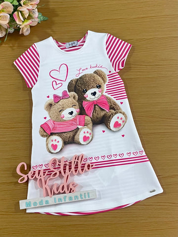 Vestido Infantil Kukie Verão Branco e Rosa Ursinhos