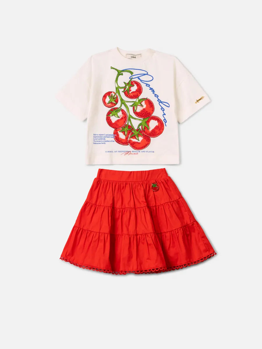 Conjunto Infantil Menina Animê Saia Vermelha e Blusa Pomodoro