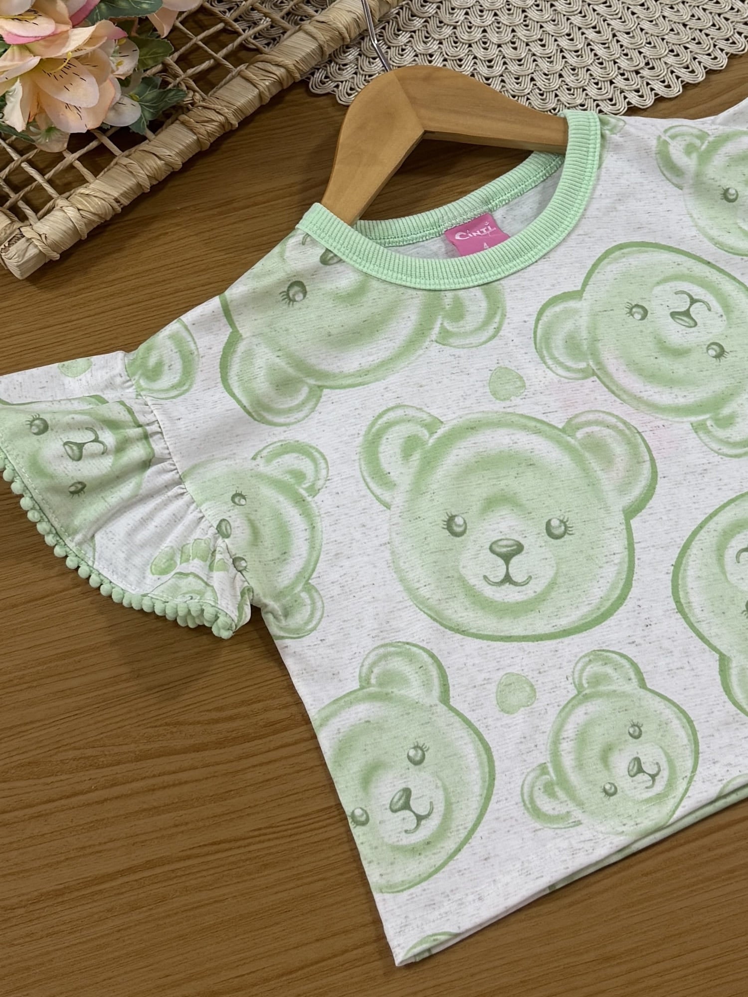 Conjunto Infantil Cinti Verão com Shorts e Blusa Verde Ursinhas