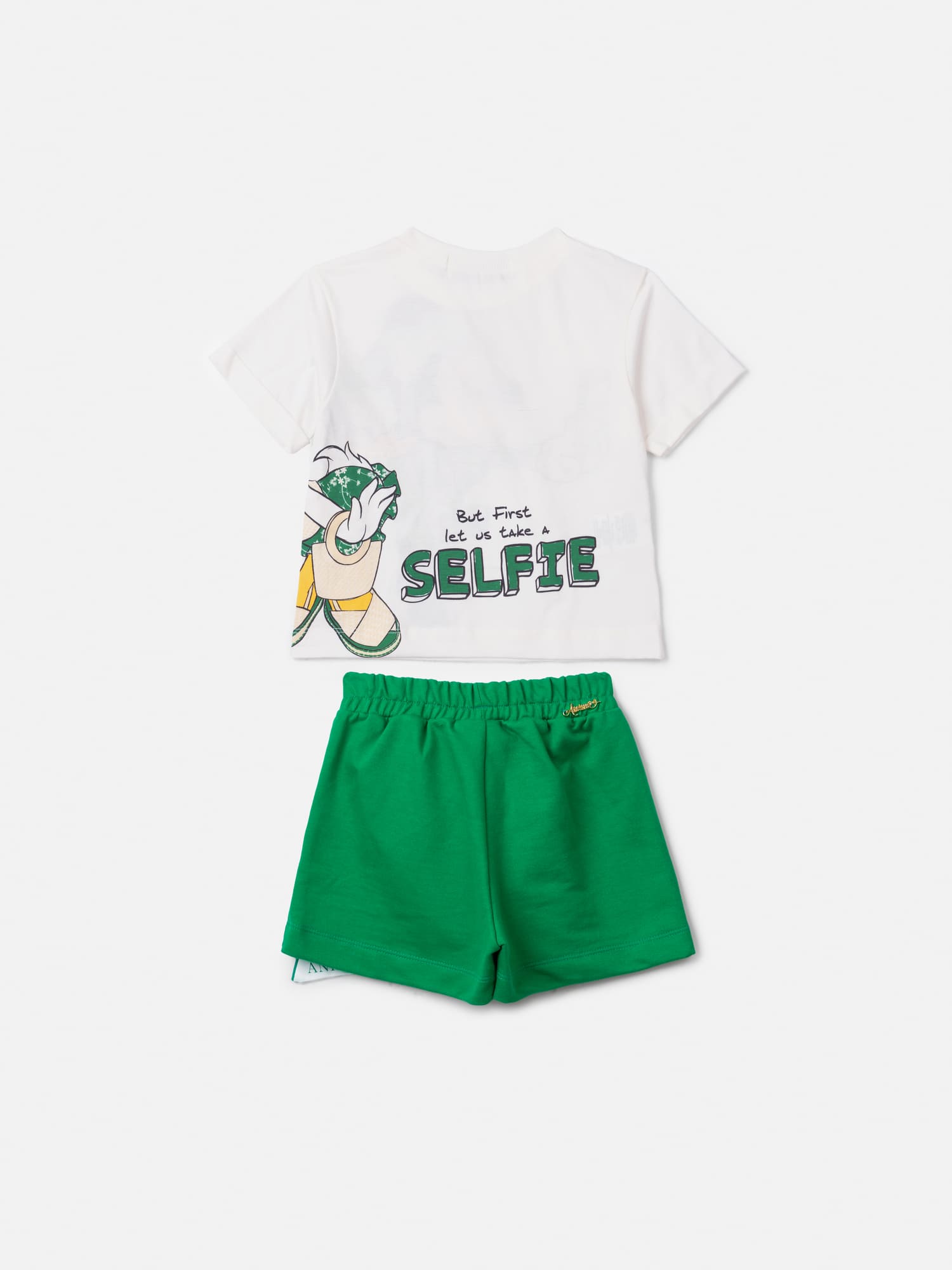 Conjunto Infantil Animê Verão Shorts Verde com Laço e Blusa Branca Minnie e Daisy Disney