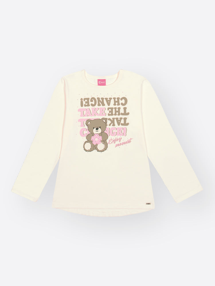 Conjunto Infantil Cinti Inverno com Calça Legging Bege e Blusa Manga Longa Ursinha