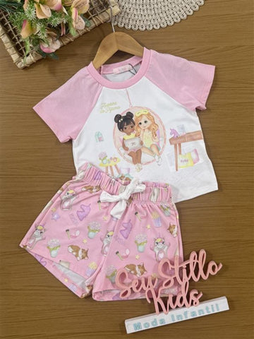 Pijama Infantil Kukiê Verão com Shorts Rosa e Blusa Branca Amiguinhas Festa do Pijama