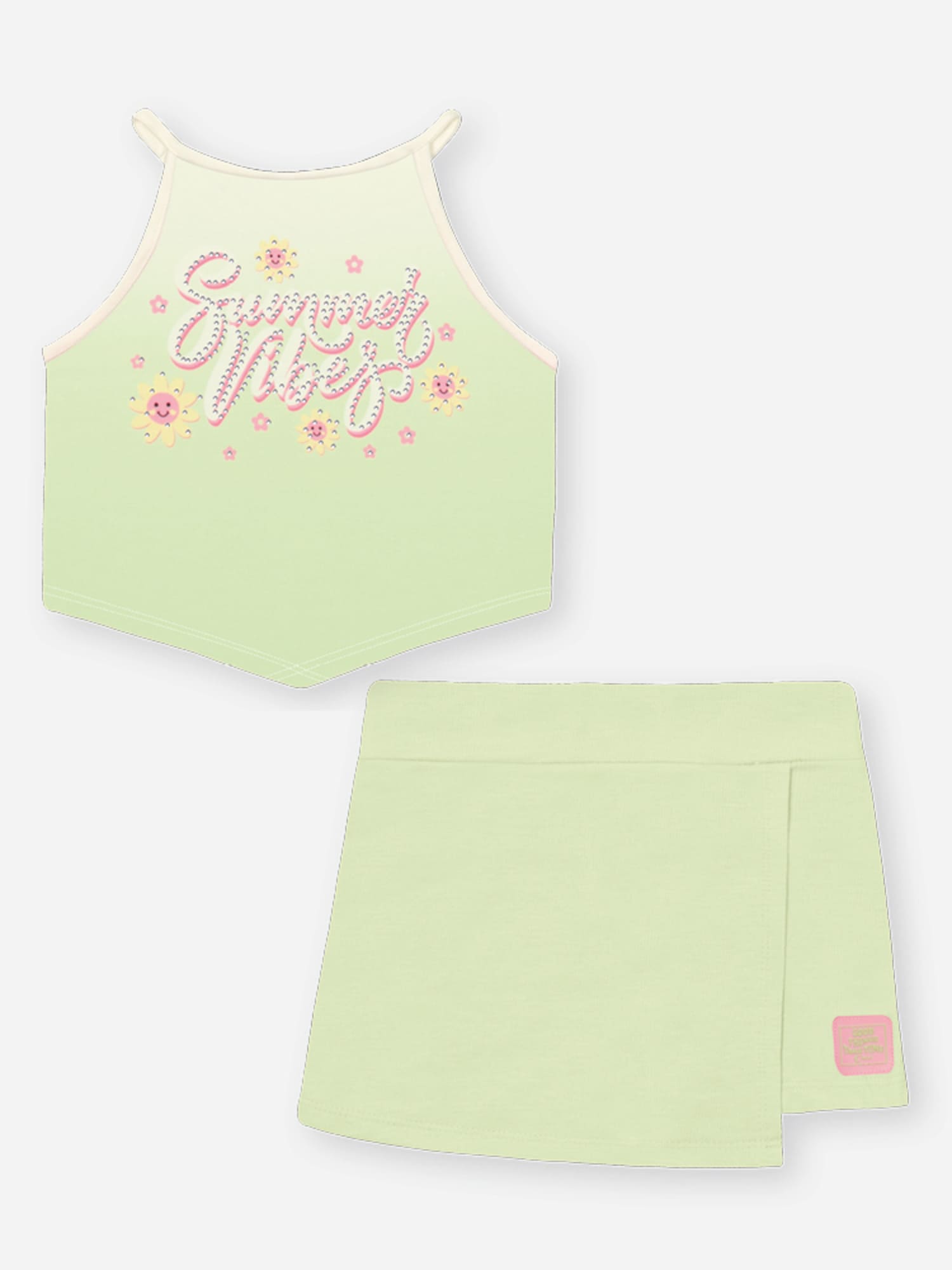 Conjunto Infantil Cinti Verão com Shorts Saia e Blusa Verde Florzinha com Strass