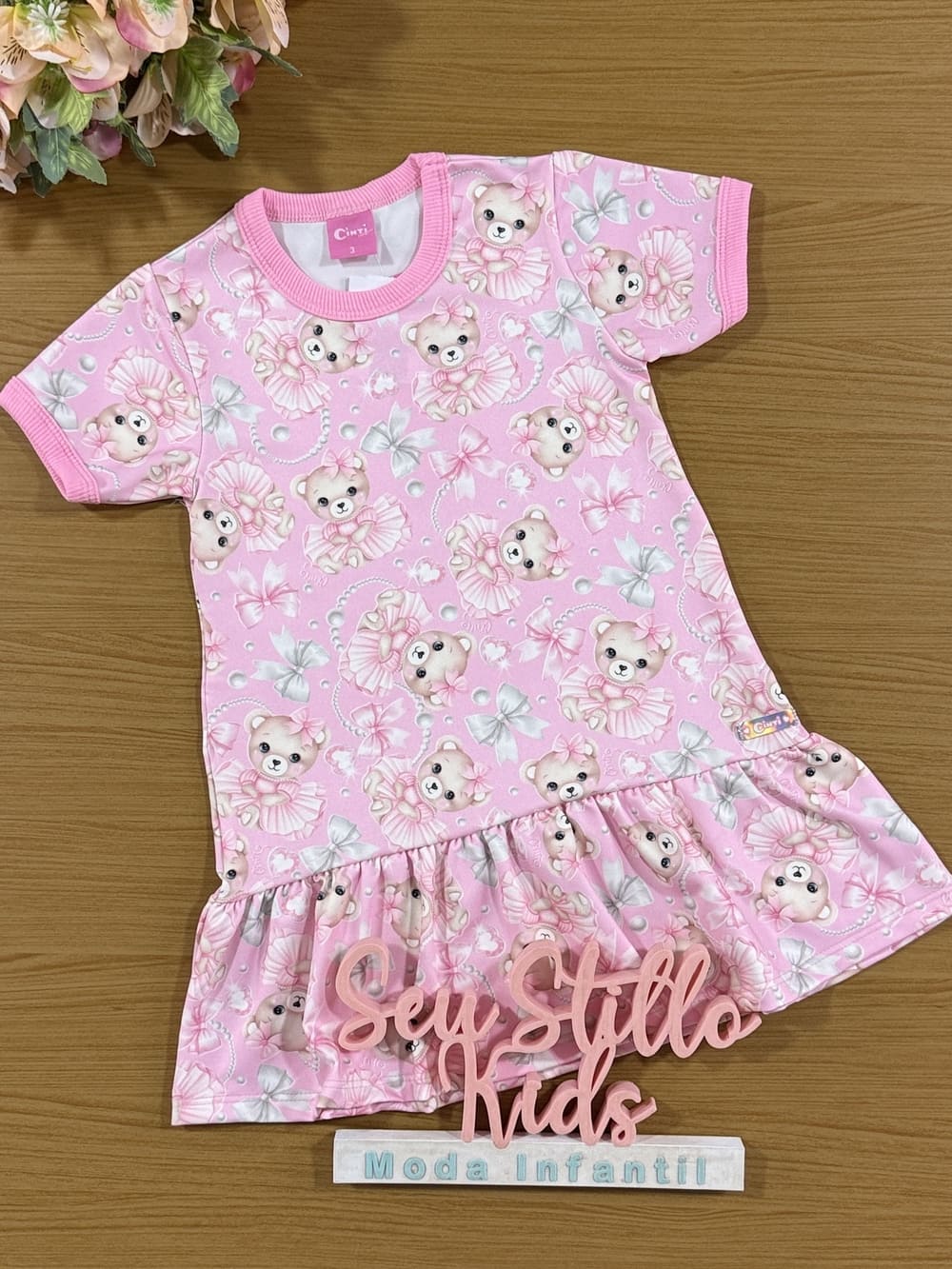 Vestido Infantil Cinti Verão Ursinha Rosa