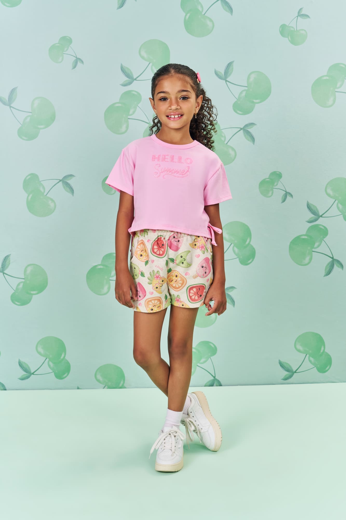Conjunto Infantil Cinti Verão com Shorts Off White e Blusa Rosa Hello