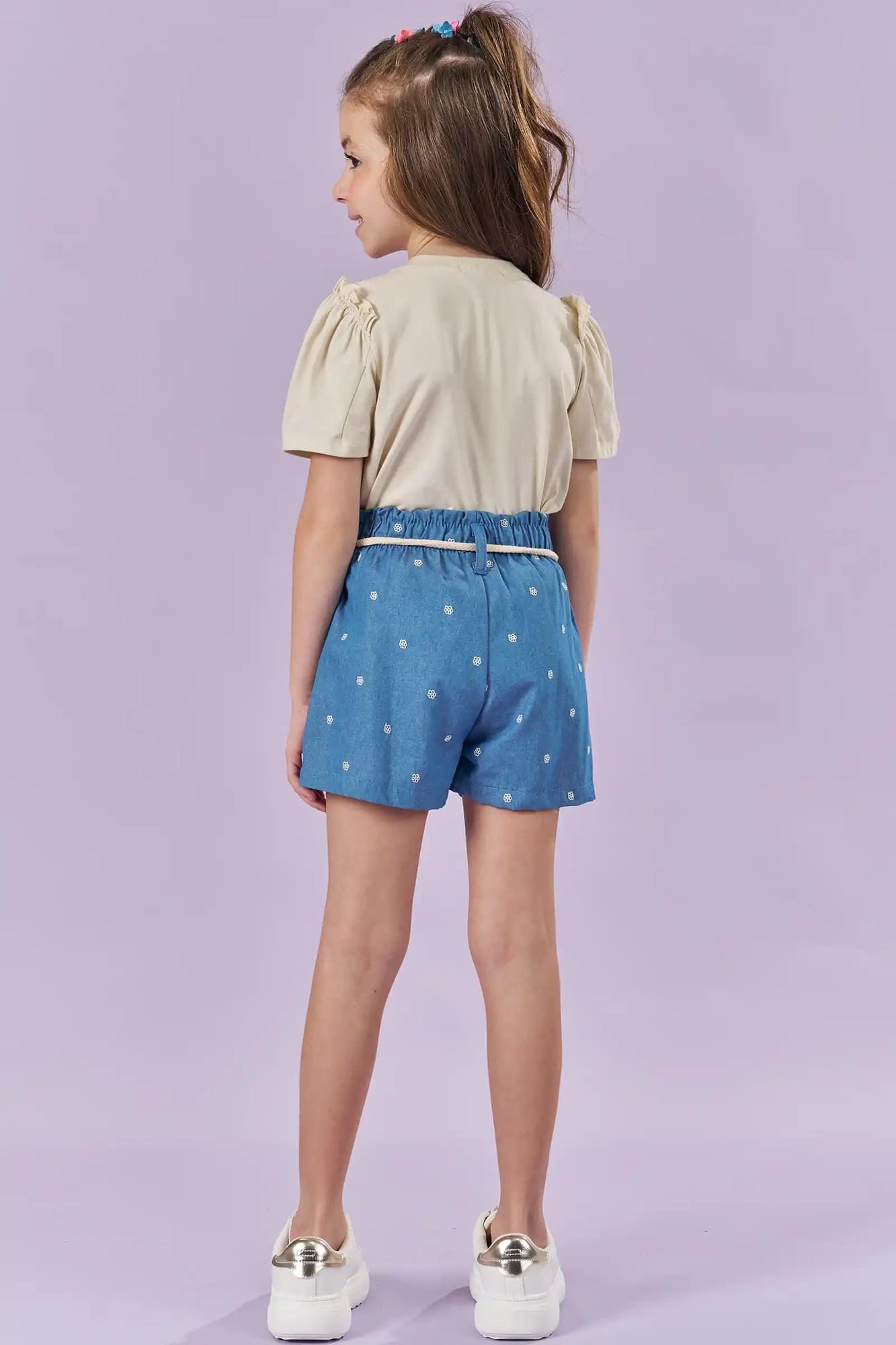 Conjunto Infantil Kukiê Verão com Shorts Jeans e Blusa Bege Ursinha