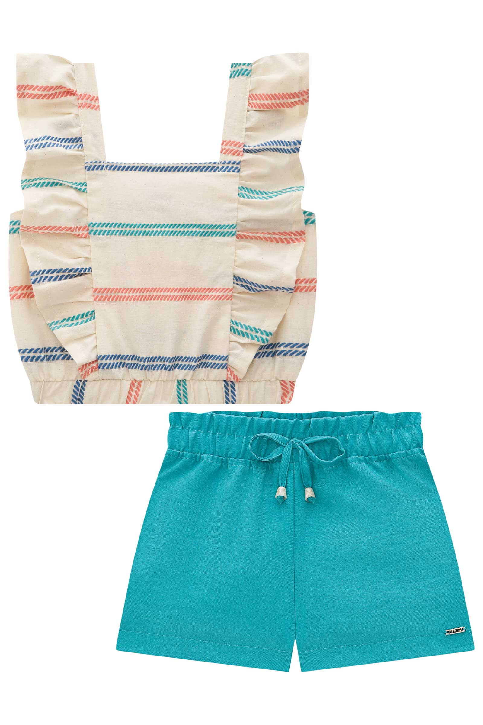 Conjunto Infantil Kukie Verão Shorts Azul e Cropped Listras