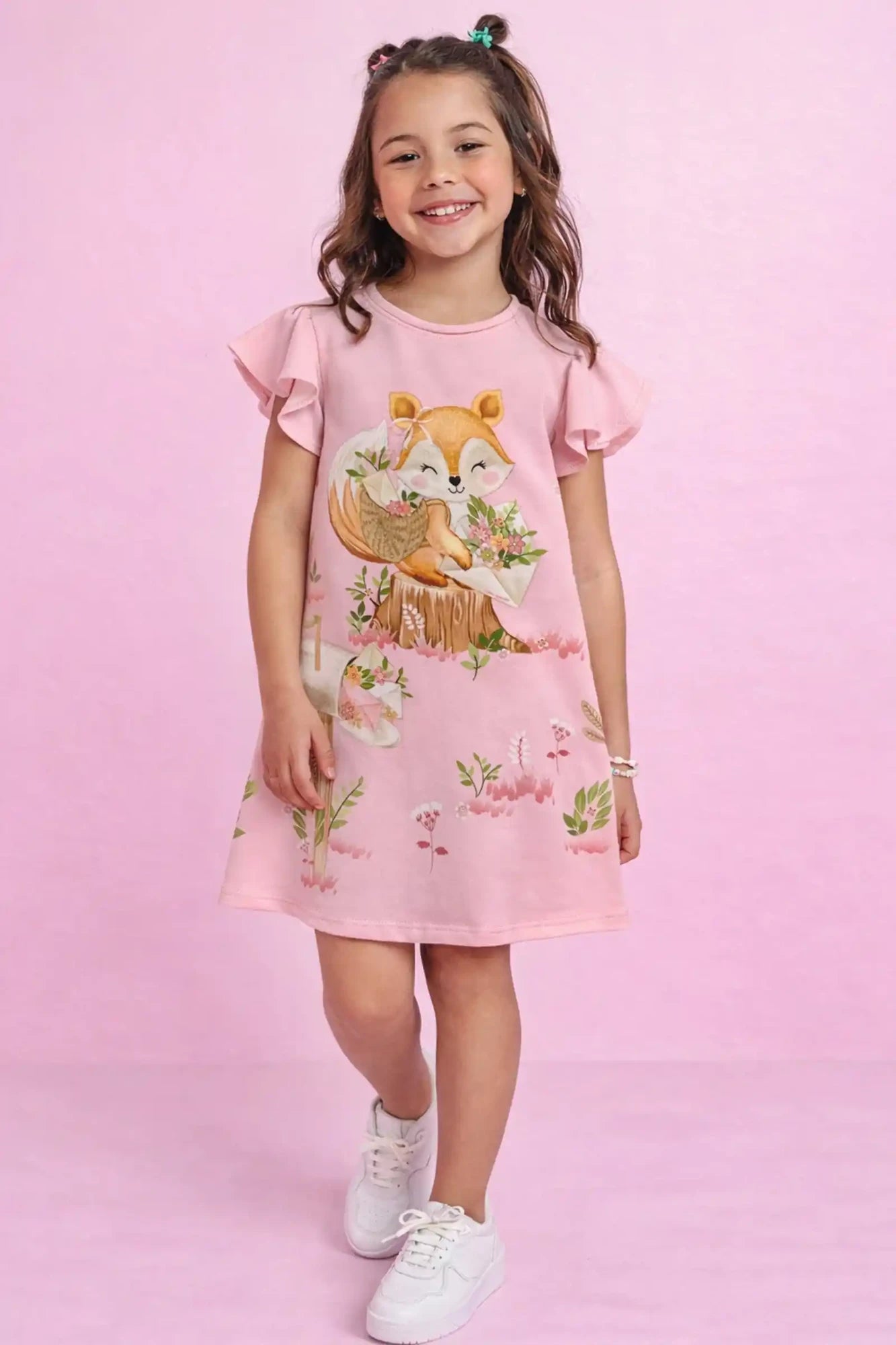 Vestido Infantil Kukiê Rosa Raposinha Cartinhas