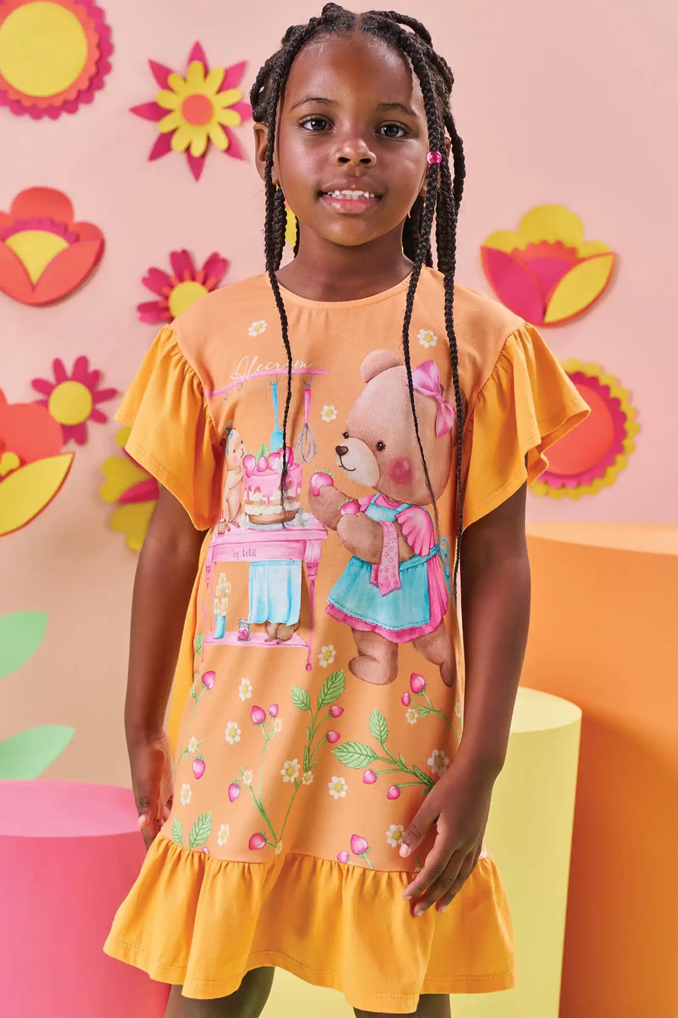 Vestido Infantil Kukiê Verão Laranja Ursinha Confeiteira