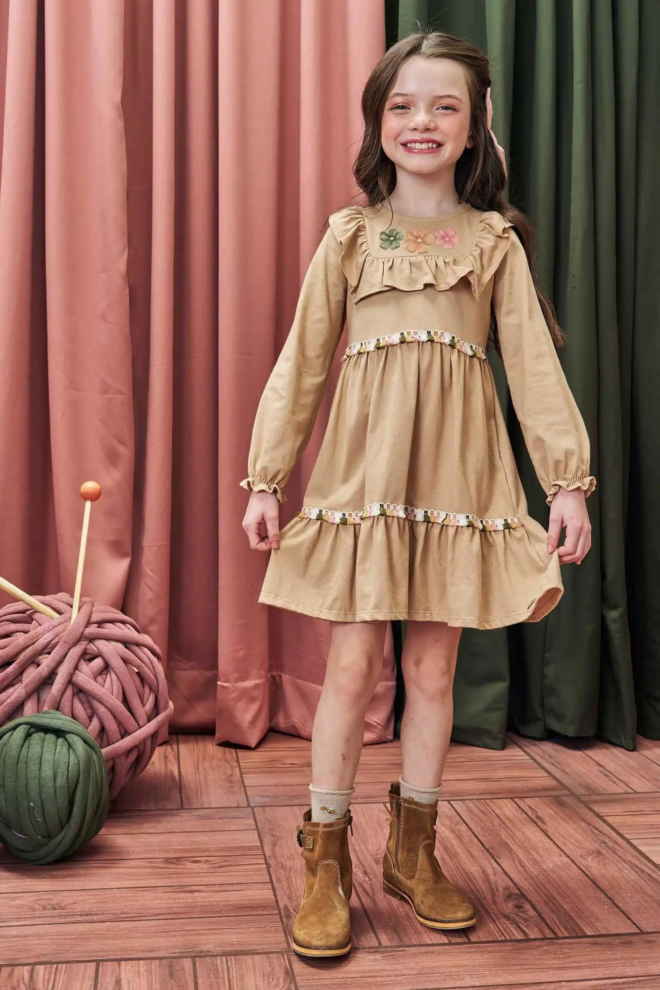 Vestido Infantil Kukiê Inverno Marrom Flores