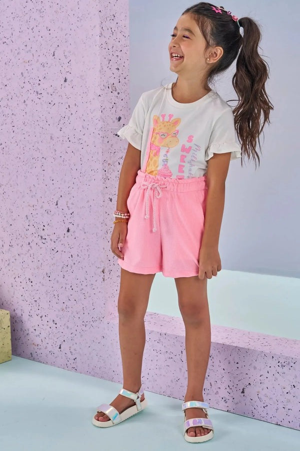 Conjunto Infantil Kukiê Verão com Shorts Rosa e Blusa Branca Girafinha
