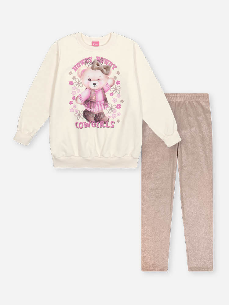 Conjunto Infantil Cinti Inverno com Calça Legging Bege e Moletom Flanelado Ursinha Lacinho