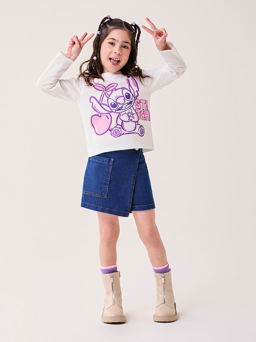 Blusa Infantil Bimbi Inverno Manga Longa Branca Stitch com Strass