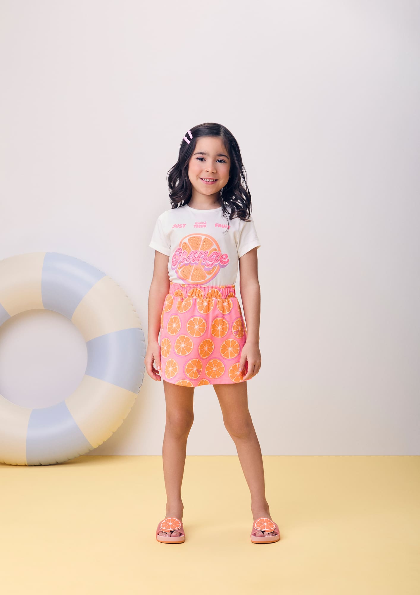 Conjunto Infantil Momi Verão com Shorts Saia Rosa e Blusa Branca Orange