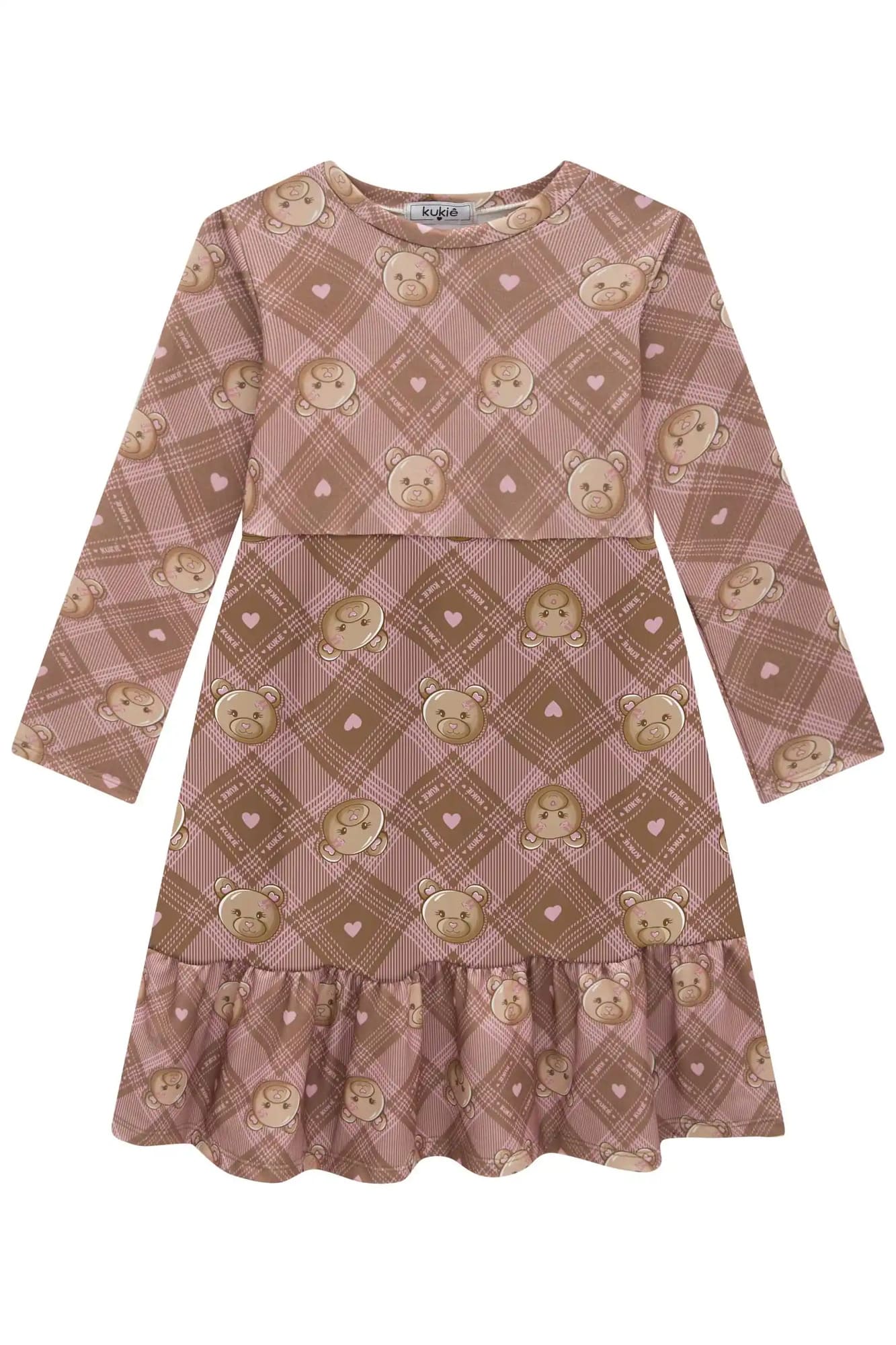 Vestido Infantil Kukiê Inverno Manga Longa Marrom Ursinha com Bolsinha