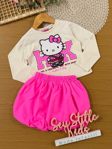 Conjunto Infantil Momi Inverno com Saia Rosa e Blusa Manga Longa Hello Kitty Fantastic