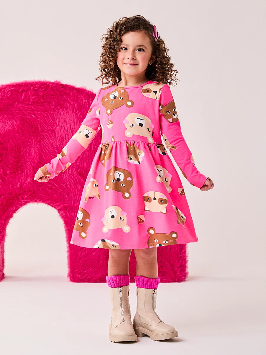 Vestido Infantil Bimbi Inverno Rosa Bichinhos