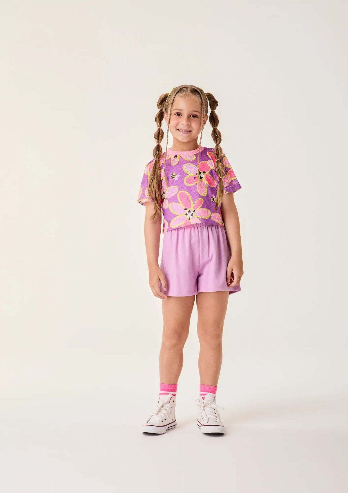 Conjunto Infantil Menina Bimbi com Shorts e Blusa Lilás com Sobreposição em Tela Florida