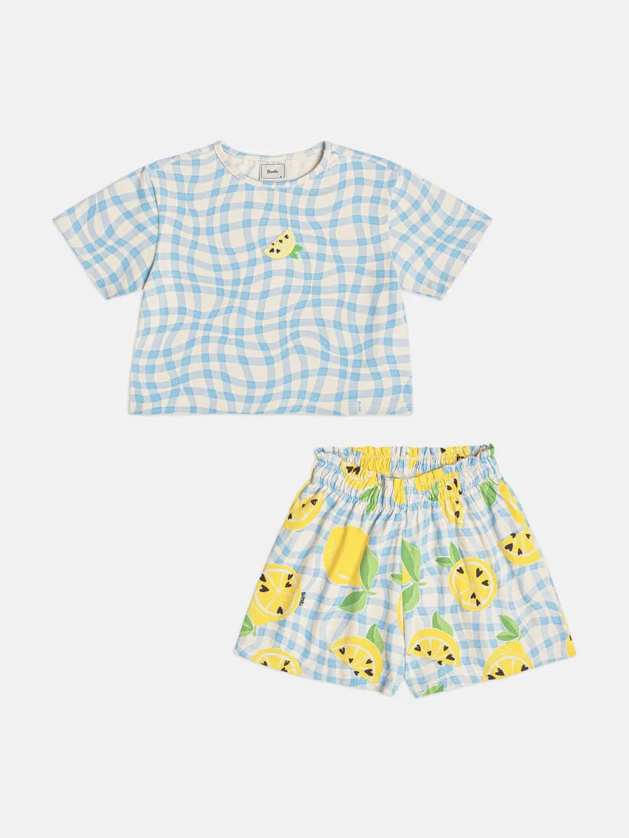 Conjunto Infantil Menina Bimbi com Shorts e Blusa Xadrez Azul Limãozinho