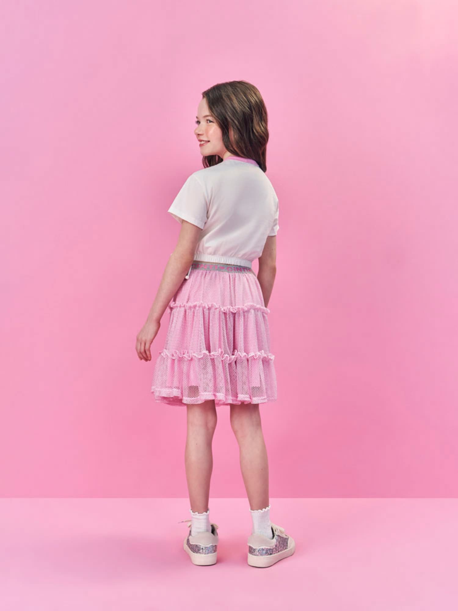 Conjunto Infantil Cinti Verão com Saia Rosa em Tela e Blusa Branca Rosquinha
