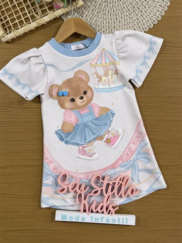 Vestido Infantil Kukiê Inverno Off White Ursinha no Parque