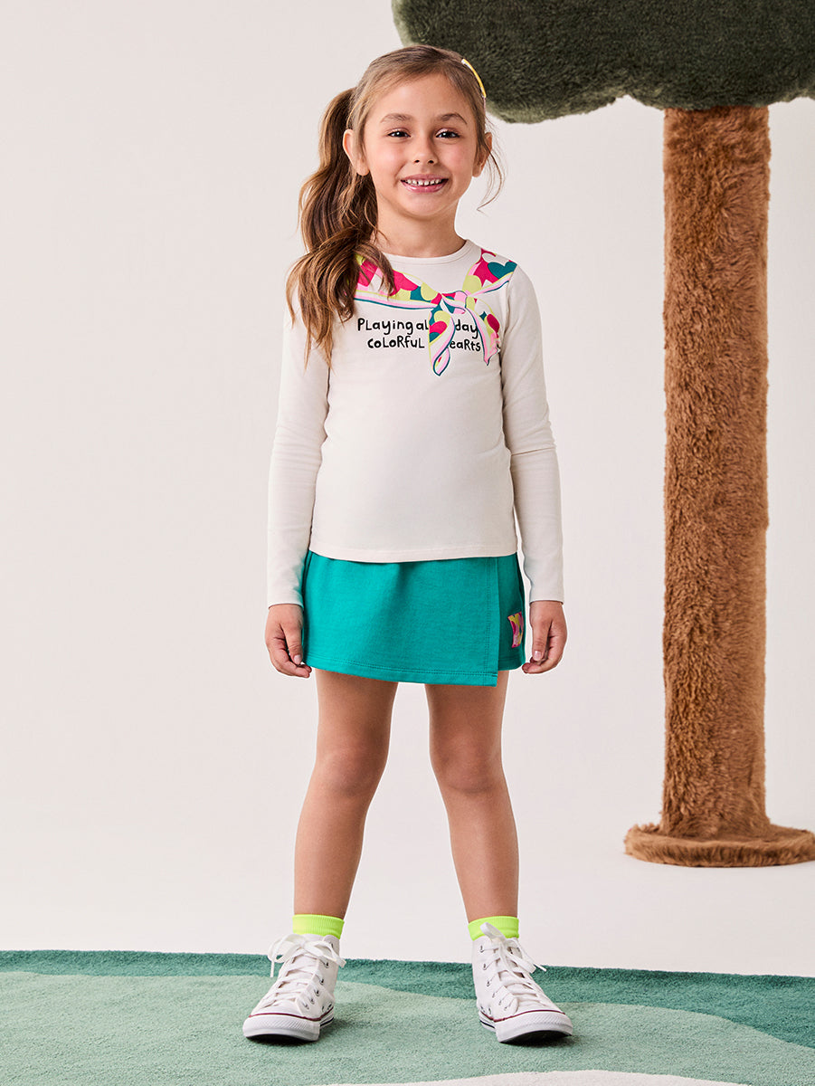 Conjunto Infantil Bimbi Inverno com Shorts Saia Verde e Blusa Manga Longa Lacinho Colorido