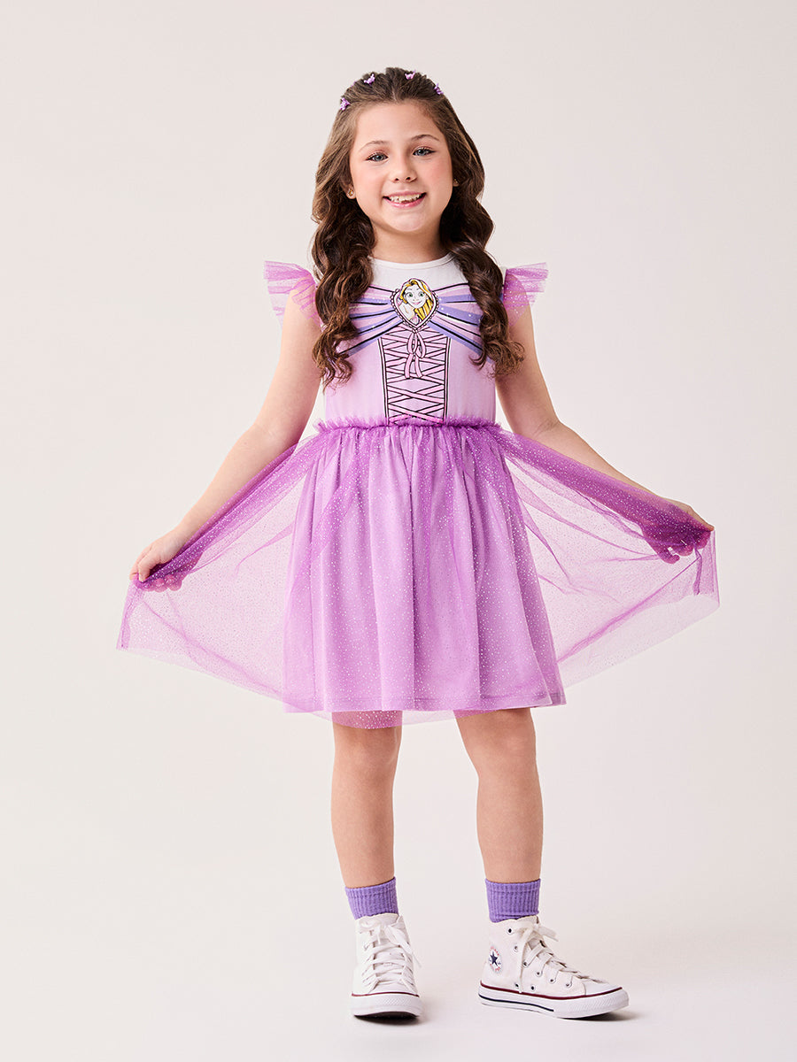 Vestido Infantil Bimbi Inverno Lilás com Tule e Glitter Rapunzel Disney