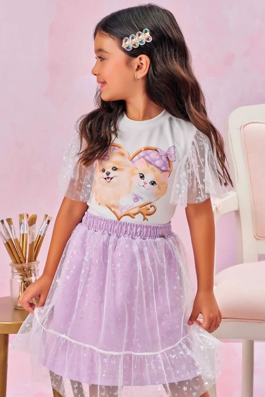 Conjunto Infantil Kukie Verão Com Saia e Blusa Gatinha e Cachorrinha