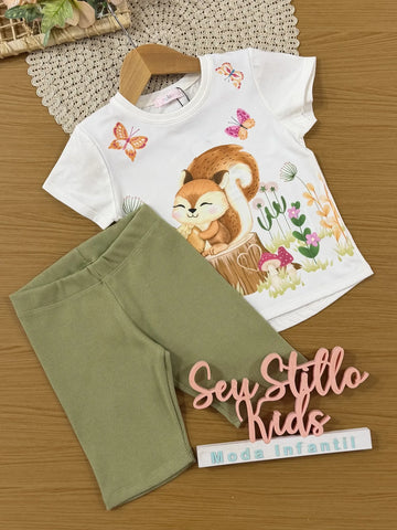 Conjunto Infantil Kukie Com Shorts Cliclista e Blusa Manga Curta Branca Raposinha