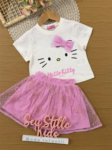 Conjunto Infantil Momi Inverno, Saia em Tule Rosa e Blusa Manga Curta Hello Kitty Lacinho