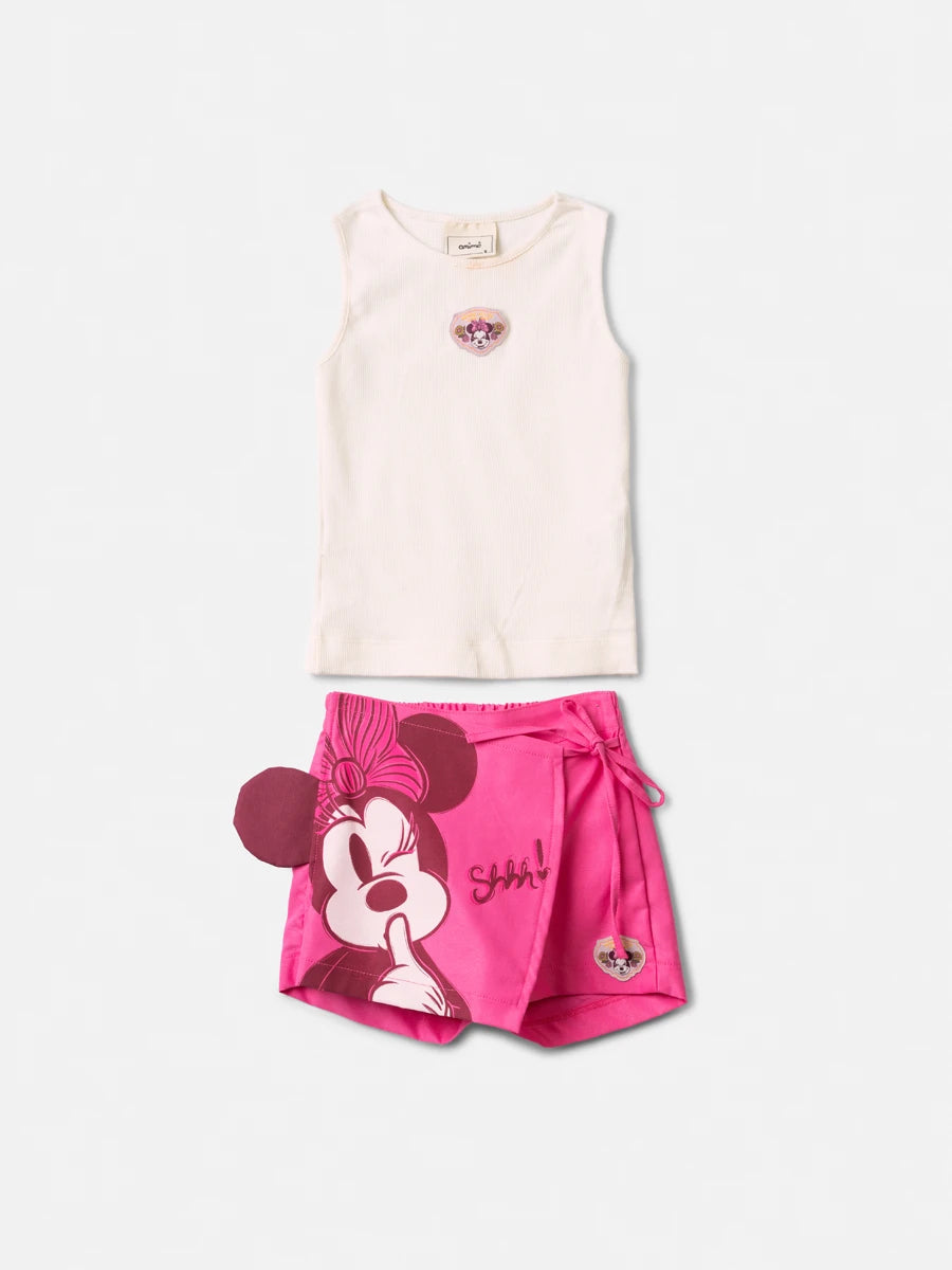 Conjunto Infantil Menina Animê com Shorts Saia Rosa Minnie e Regata