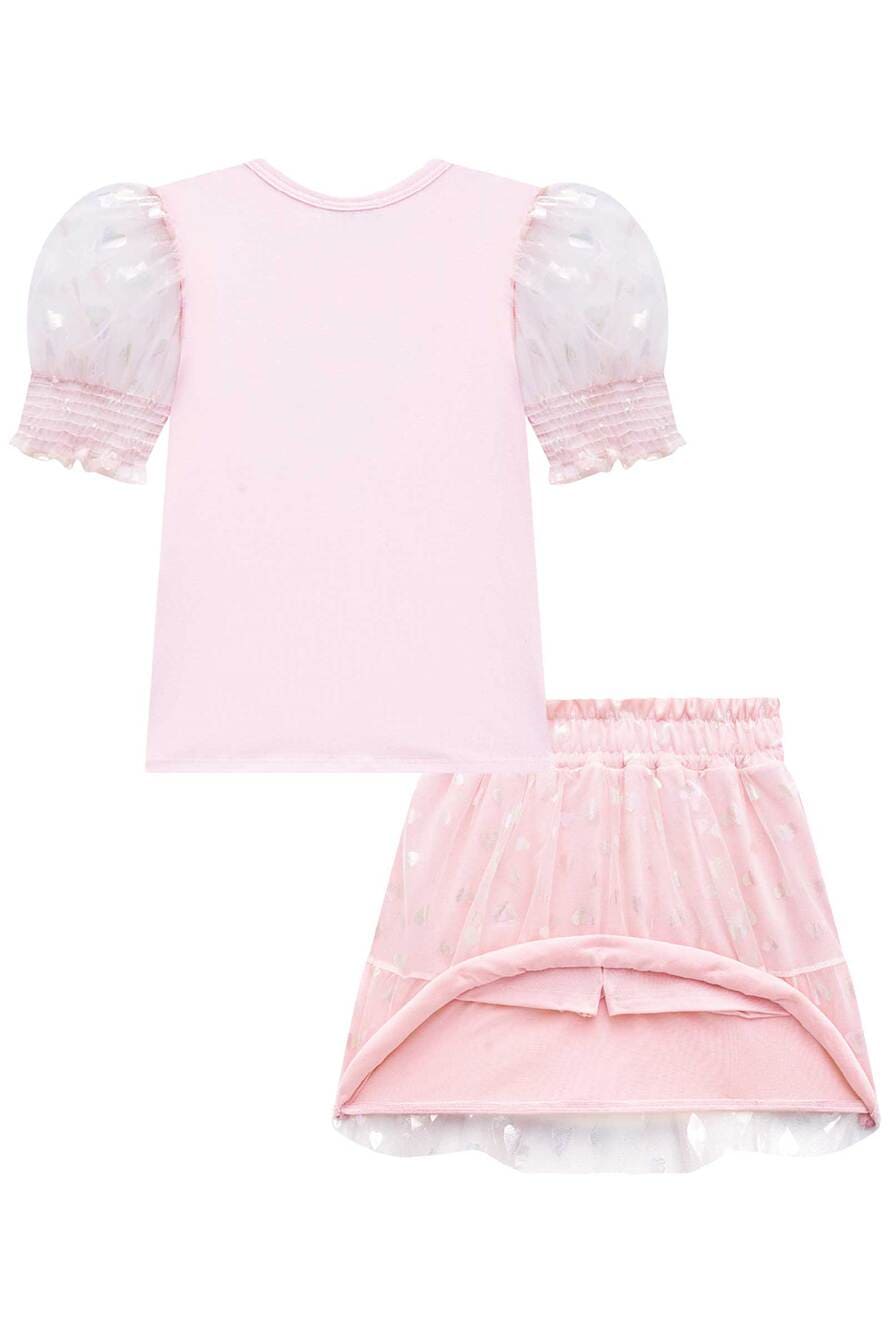 Conjunto Infantil Kukie Saia Tule e Blusa Rosa Ursinha Fofa